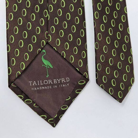 TAILORBYRD HANDMADE ITALY SILK TIE BROWN GREEN OLIVE FOULARD SATIN 3.5" X 58" - Picture 3 of 3